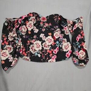 G by GUESS Floral Off The Shoulder Crop Top Black Sweetheart Balloon Sleeve L